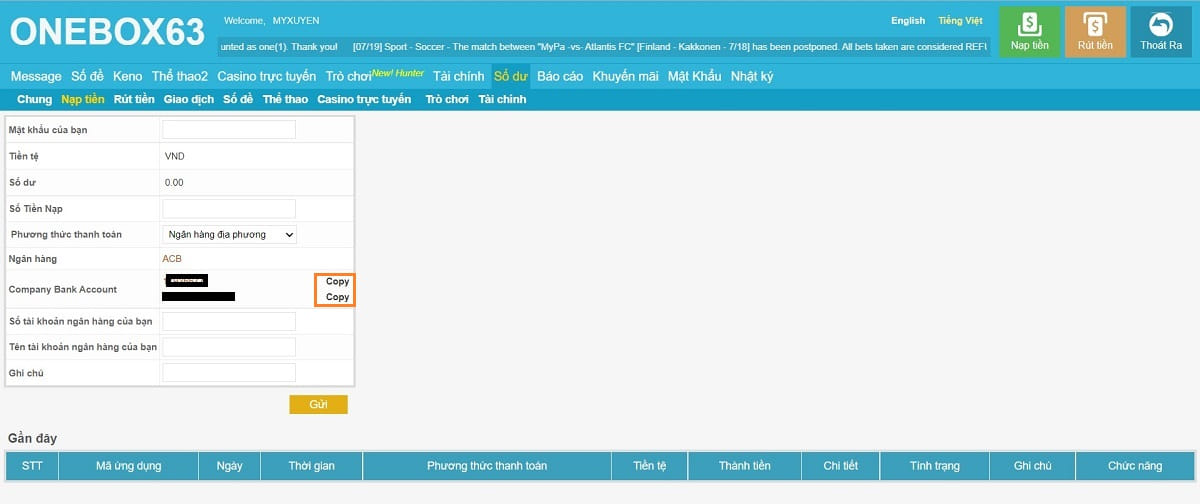 Giao diện nạp tiền nhà cái Onebox63